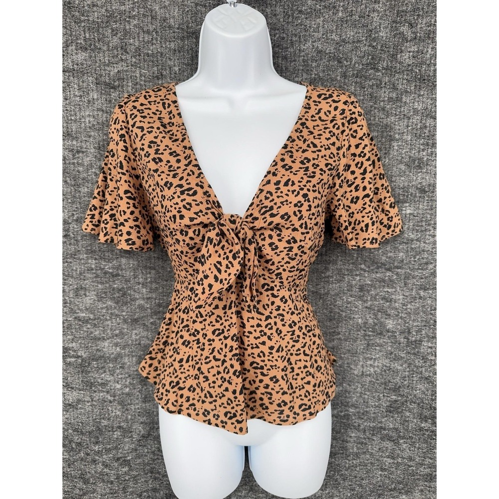 Abercrombie & Fitch Blouse Womens M Brown V Neck Short Flutter Sleeve Leopard